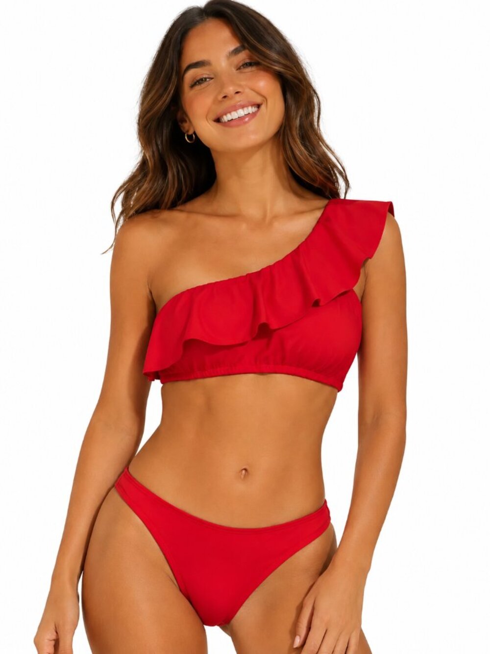 Kona Sol Women’s Red One Shoulder Ruffle Bikini Set, S